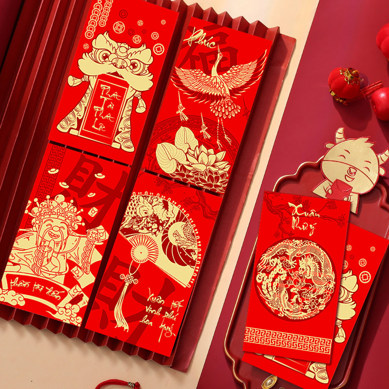 Set 6 Bao Lì Xì Đỏ In Hình Rồng Mừng Năm Mới Phong Cách Trung Hoa