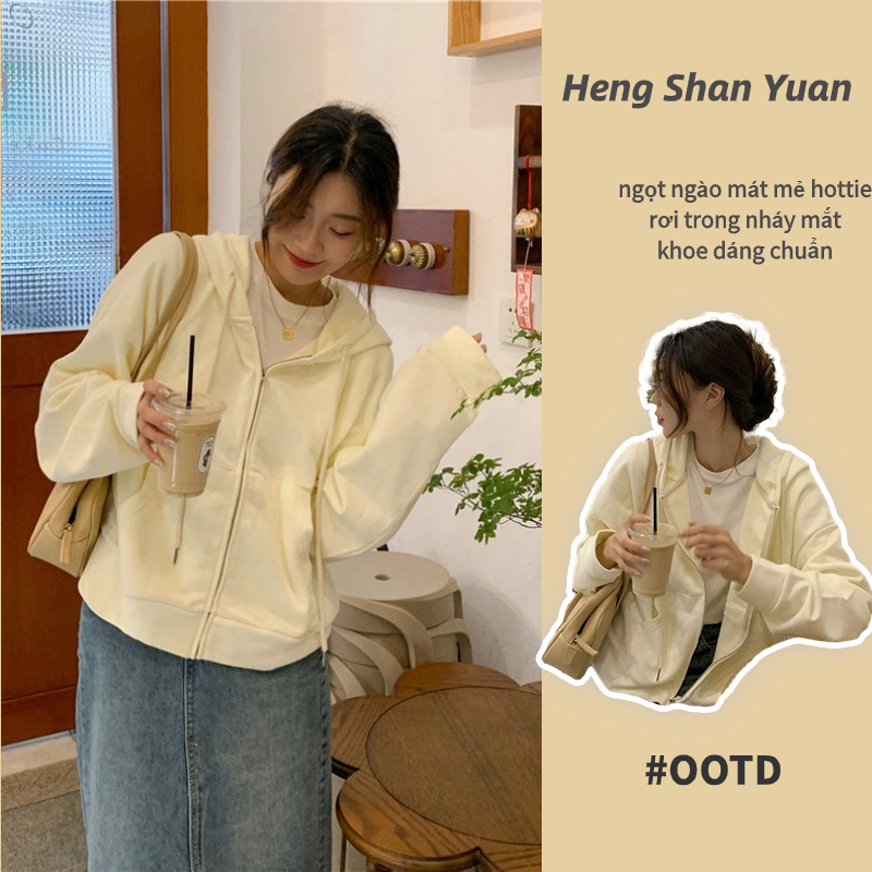 Áo khoác hoodie HENG SHAN YUAN màu len sữa oversize thời trang xuân thu 2022 cho nữ