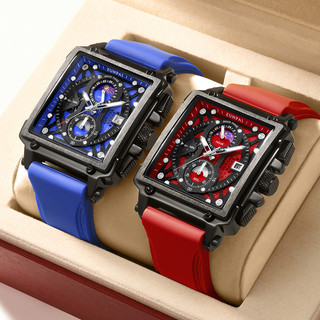WISHDOIT Đồng Hồ Chống Thấm Nước Vuông Quartz Ba Mắt Đa Năng Dây Thép Không Gỉ Thời Trang Thể Thao Cho Nam Lịch Hiển thị pha mặt trăng Dây đeo cao su 1PCS