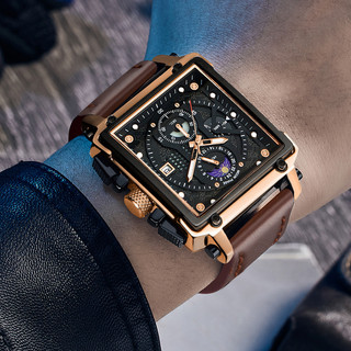 WISHDOIT Đồng Hồ Chống Thấm Nước Vuông Quartz Ba Mắt Đa Năng Dây Thép Không Gỉ Thời Trang Thể Thao Cho Nam Lịch Hiển thị pha mặt trăng Dây đeo da