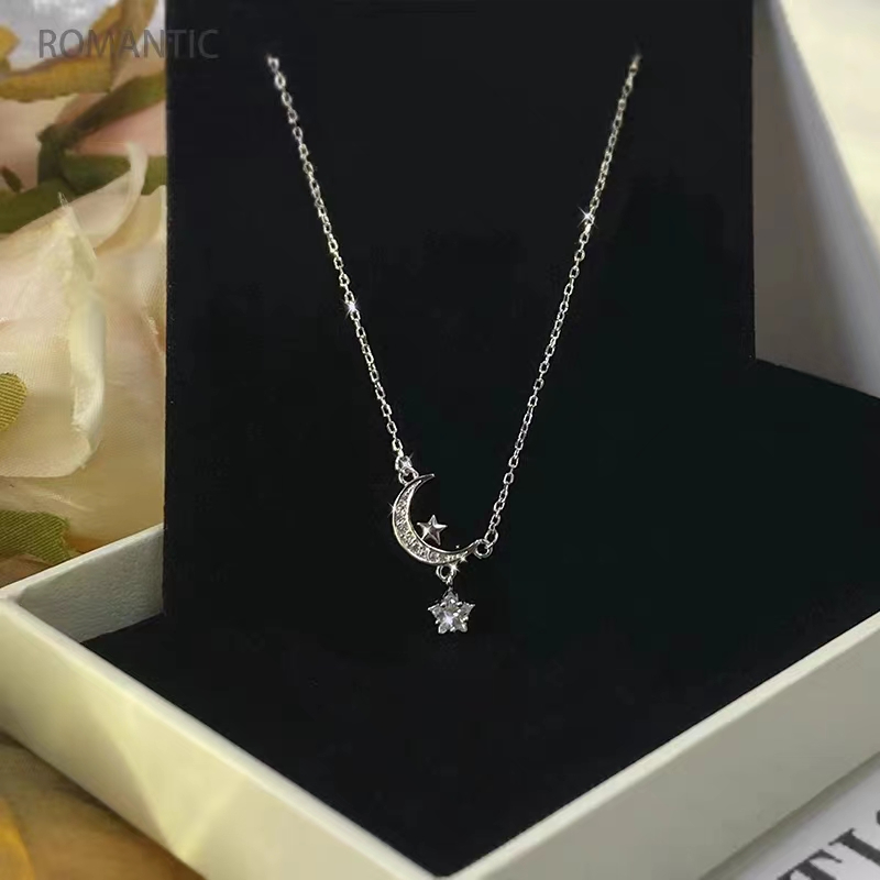 Dây Chuyền Bạc sterling Mặt Trăng Và Ngôi Sao Tinh Xảo Dễ Phối Đồ Phong Cách retro Cho Nữ