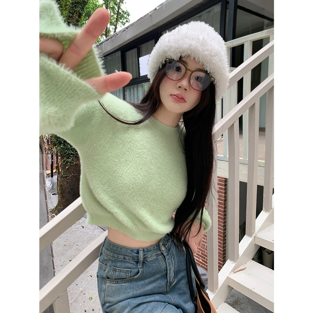 NUZIRO Áo sweater Dệt Kim Tay Dài Cổ Tròn Dáng Rộng Màu Xanh Lá Thời Trang Hàn Quốc Cho Nữ