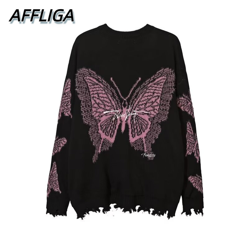 ✦AFFLIGA✦ Áo sweater dệt kim AFFLIGA thêu chữ và bướm phong cách đường phố Hàn Quốc thời trang cho nam