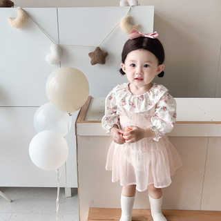 Set áo hoodie in hoa tay dài + váy yếm lưới thời trang cho bé gái