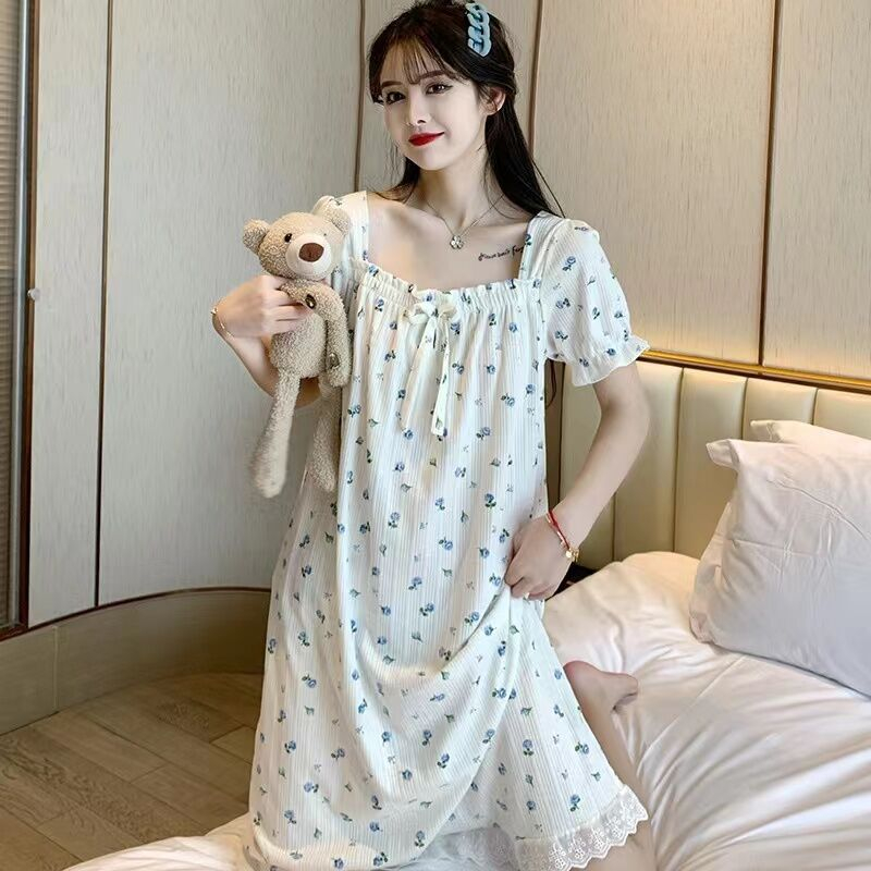 Váy ngủ nữ Váy ngủ cotton in hoa dễ thương ngọt ngào