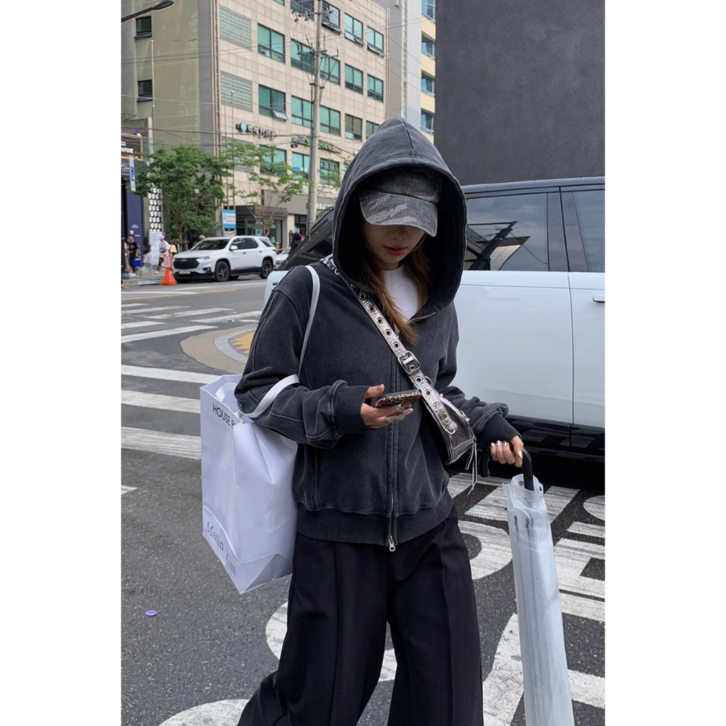 Áo Khoác sweatshirt Có Mũ Trùm Đầu Màu Xám Đậm Phong Cách Mỹ 2023 Mới Cho Nữ