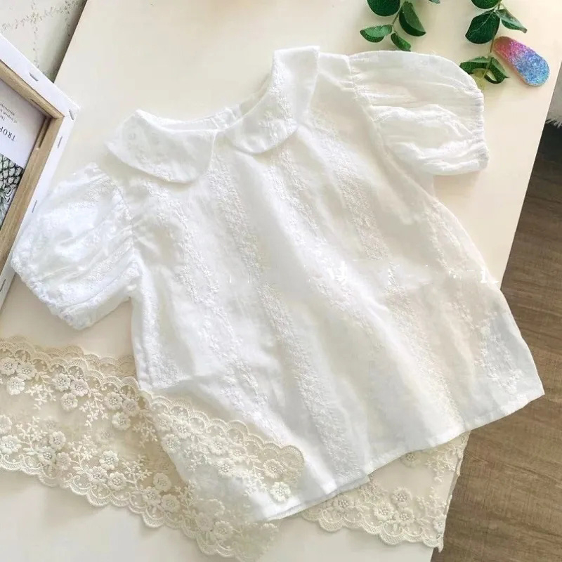 Áo Sơ Mi Ngắn Tay Cổ Búp Bê Họa Tiết Thêu Thời Trang Mùa Hè Hàn Quốc Cho Trẻ Em Gái
