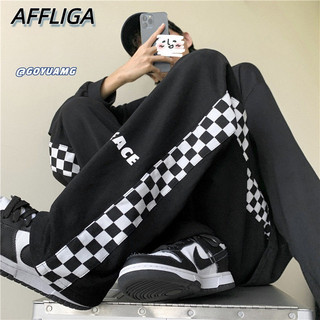 ✦AFFLIGA✦ Quần dài AFFLIGE ống rộng họa tiết caro phong cách đường phố Hàn Quốc cho nam và nữ