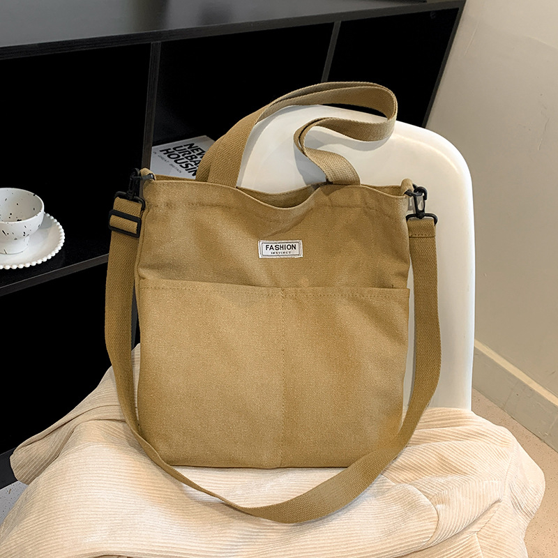 Túi xách đeo vai GUANGLUO sức chứa lớn bằng vải canvas màu trơn in chữ đơn giản phong cách retro thời trang thường ngày