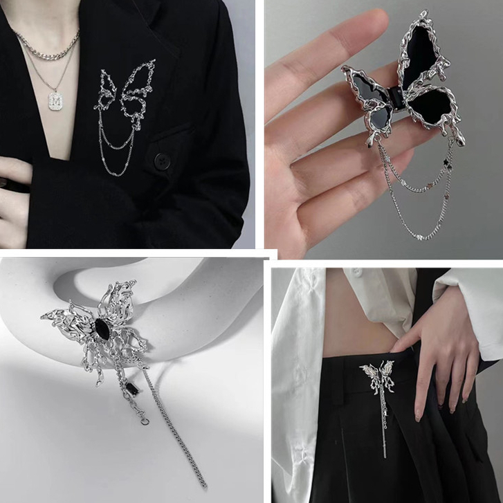 Trâm Cài Áo Hình Cánh Bướm Phối Dây Xích Tua Rua 3 Kiểu Sang Trọng Màu Đen