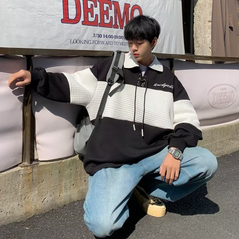 Mới Áo sweater polo Dáng Rộng Họa Tiết Kẻ Sọc Phong Cách Mỹ Thời Trang Cho Nam Và Nữ