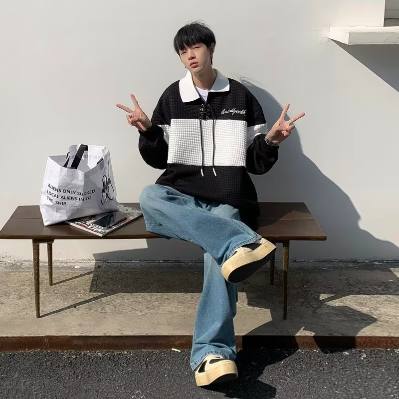 Mới Áo sweater polo Dáng Rộng Họa Tiết Kẻ Sọc Phong Cách Mỹ Thời Trang Cho Nam Và Nữ