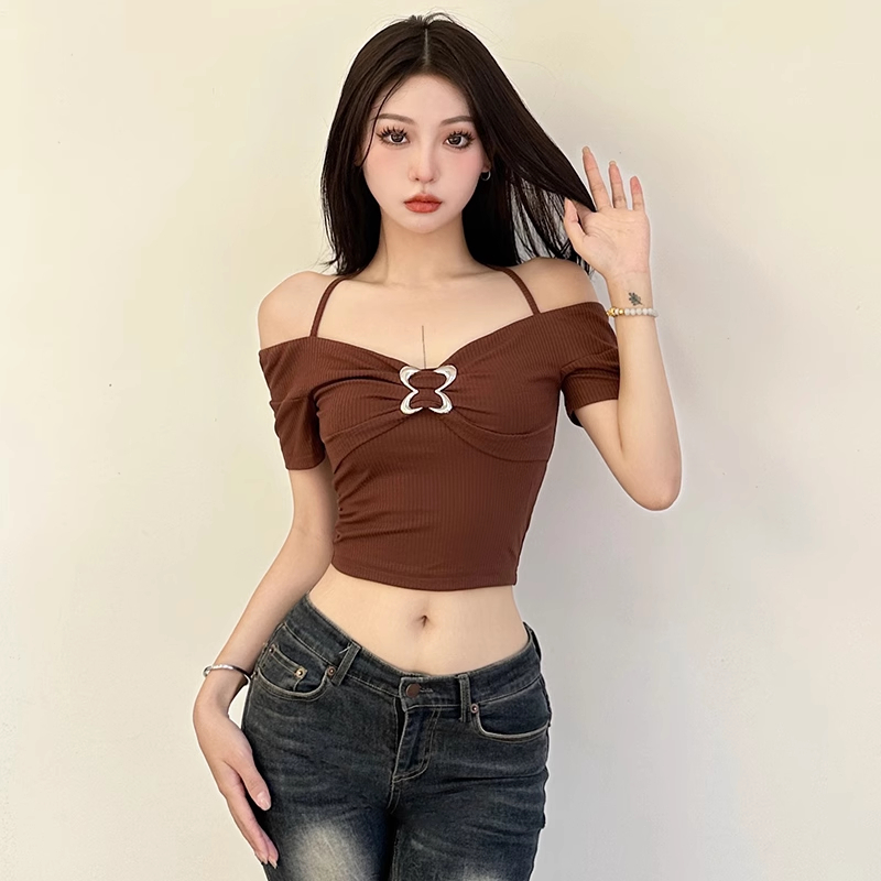 Klalien Áo Thun Croptop Tay Ngắn Hở Vai Dáng Ôm Phong Cách Đường Phố Thời Trang Klalien Y2K