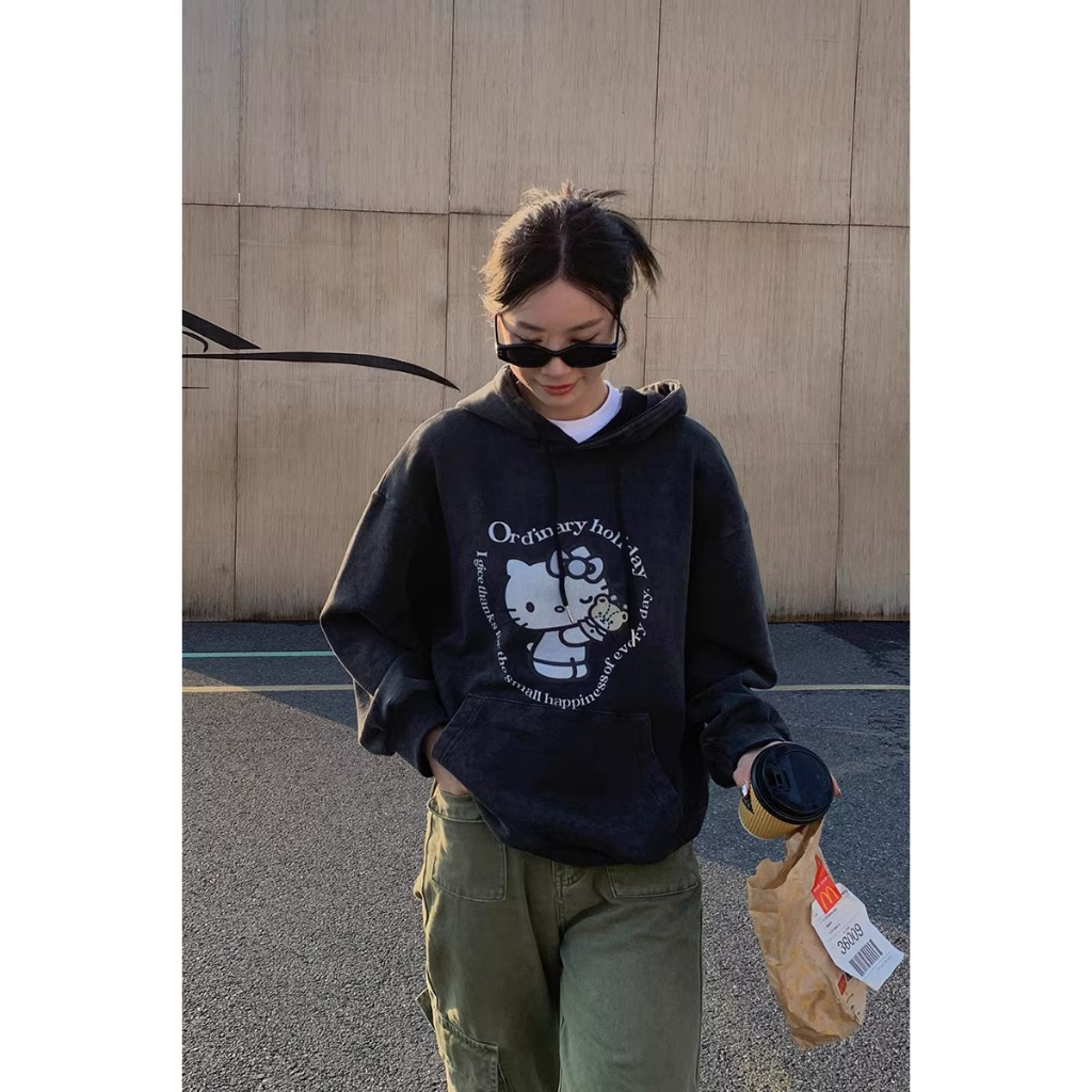 Fine studio Áo Hoodie Tay Dài Dáng Rộng In Hình Mèo Mùa Thu Đông Dễ Phối Đồ Phong Cách Mỹ Cho Nữ
