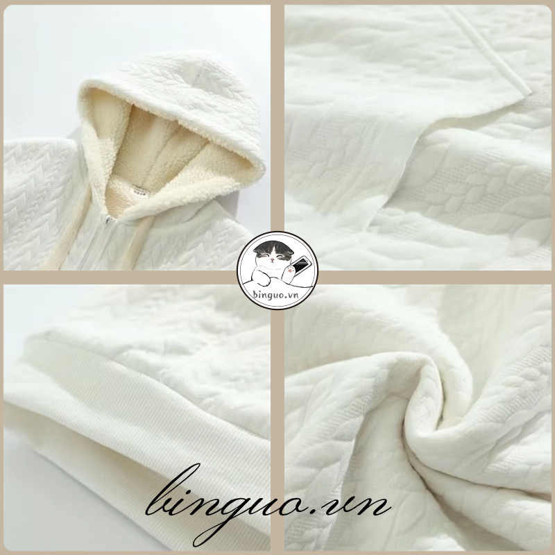 Áo Khoác hoodie zip cotton Nhung len Dáng Rộng  Hàn Quốc Dây rút mũ có thể thu vào áo hoodie form rộng Túi lớn mềm mại khóa kéo áo hoodie nam dày