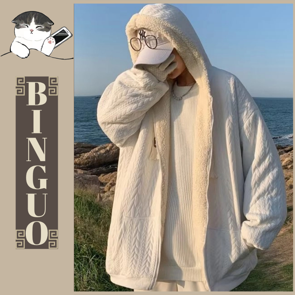 Áo Khoác hoodie zip cotton Nhung len Dáng Rộng  Hàn Quốc Dây rút mũ có thể thu vào áo hoodie form rộng Túi lớn mềm mại khóa kéo áo hoodie nam dày
