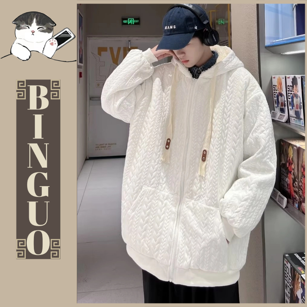 Áo Khoác hoodie zip cotton Nhung len Dáng Rộng  Hàn Quốc Dây rút mũ có thể thu vào áo hoodie form rộng Túi lớn mềm mại khóa kéo áo hoodie nam dày