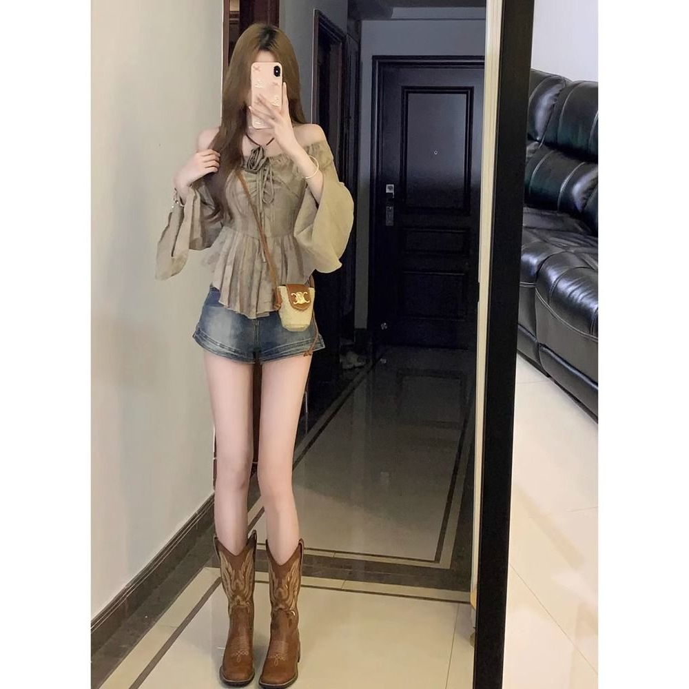 Thời Trang Áo Kiểu Trễ Vai Tay Dài Phong Cách vintage Cho Nữ