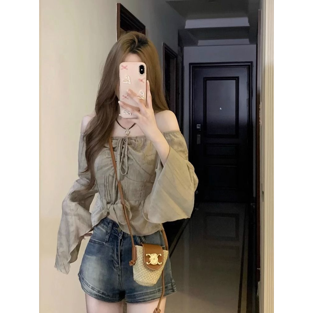 Thời Trang Áo Kiểu Trễ Vai Tay Dài Phong Cách vintage Cho Nữ