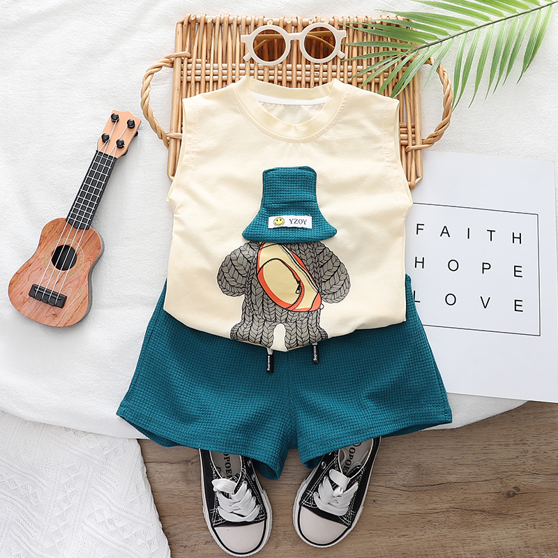 Set Đồ Mùa Hè 2 Món Gồm Áo Cotton Sát Nách In Họa Tiết Hoạt Hình + Quần Ngắn Thời Trang Cho Bé Trai 0-4 Tuổi