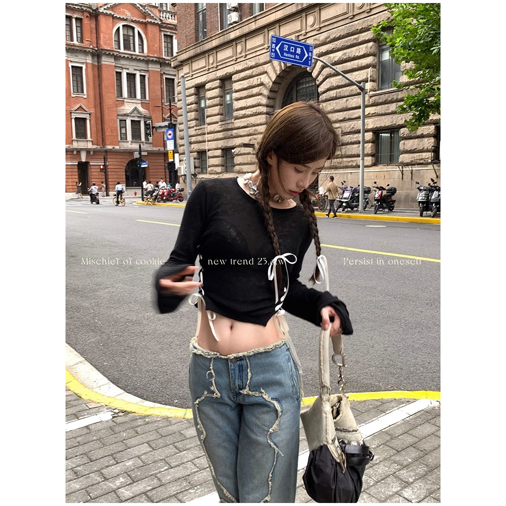 Đen Áo sweater Tay Dài Thắt Nơ Eo Xinh Xắn Thời Trang Cho Nữ