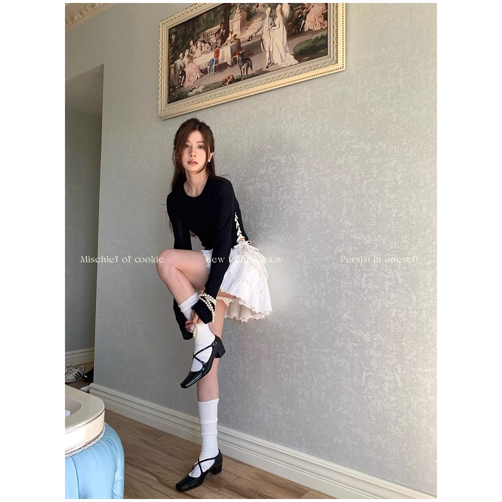 Đen Áo sweater Tay Dài Thắt Nơ Eo Xinh Xắn Thời Trang Cho Nữ