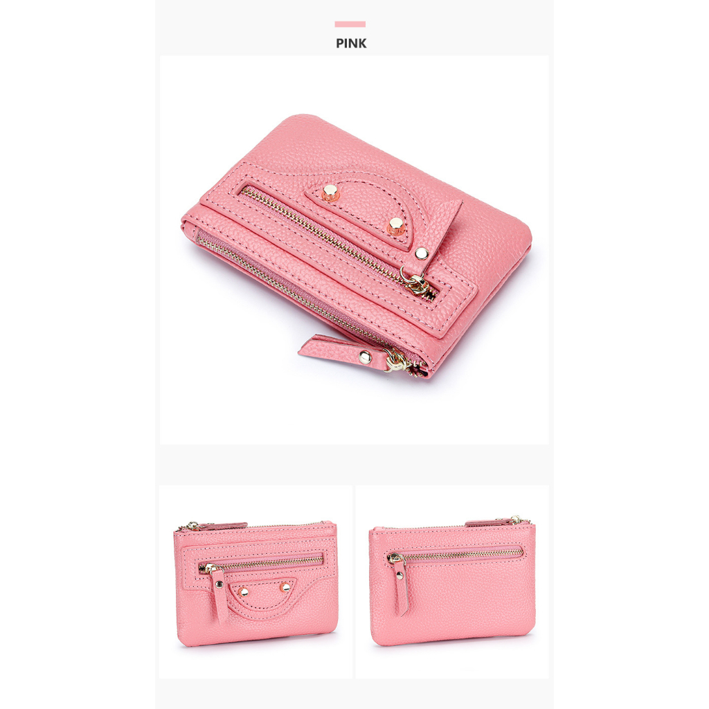 Ví Da Bò Thật Dáng Ngắn Đa Năng Màu Hồng Có Móc Khóa Thời Trang Cho Nữ