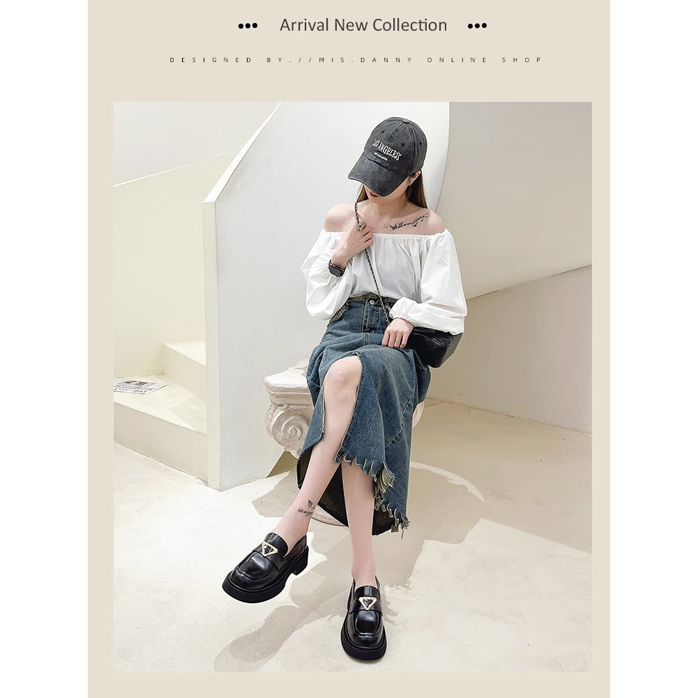 Đen Giày Lười Da Đế Dày Phong Cách Anh Quốc Thời Trang 2023 Cho Nữ