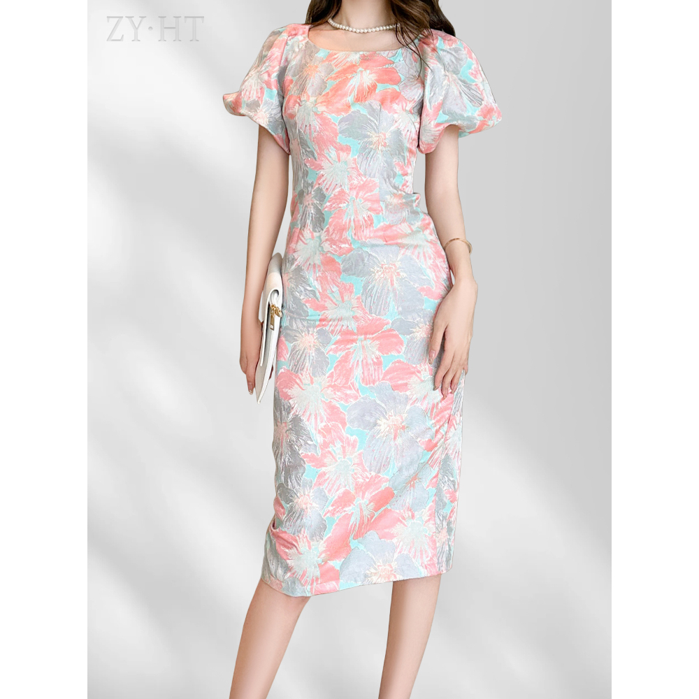 ZYHT Đầm Nước pháp in hoa Kỳ nghỉ cổ điển tay áo phồng Cổ tròn Mảnh mai Đầm xòe hoa 10515