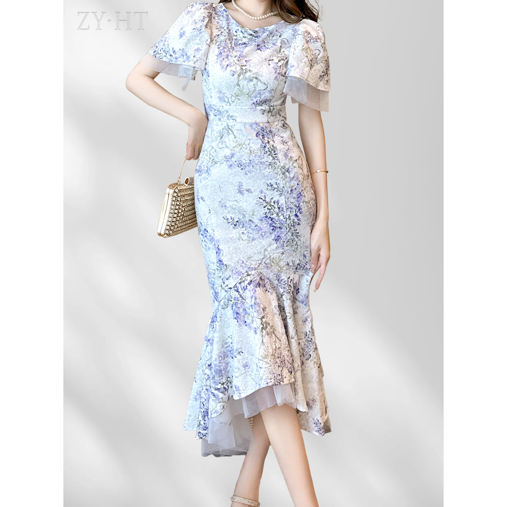 ZYHT Đầm vải ren Cổ tròn tay áo phồng hợp thời trang in hoa đầm dự tiệc sang trọng 50312