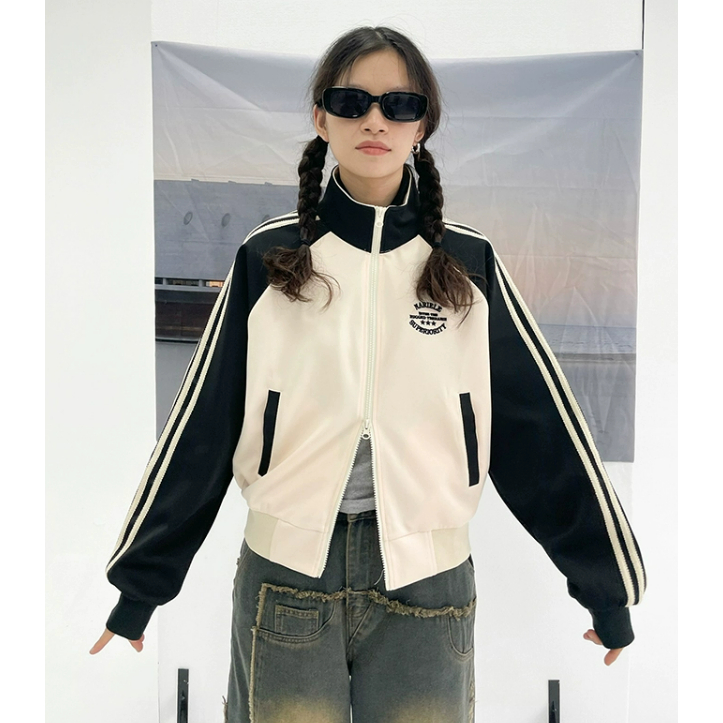 Áo khoác cặp nam nữ thời trang dài tay thoải mái phong cách vintage phong cách giản dị người đàn ông hai màu nối đơn giản bóng chày jacket áo khoác tay dài dáng rộng