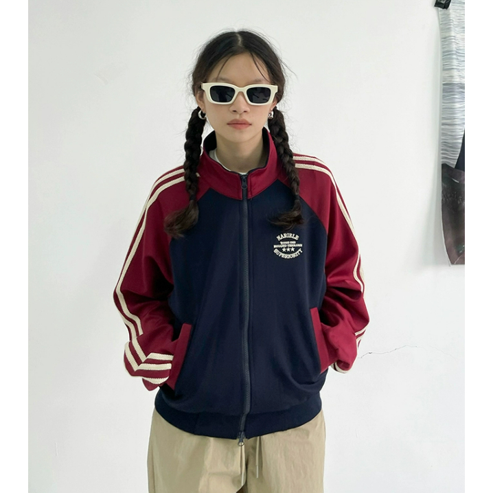 Áo khoác cặp nam nữ thời trang dài tay thoải mái phong cách vintage phong cách giản dị người đàn ông hai màu nối đơn giản bóng chày jacket áo khoác tay dài dáng rộng