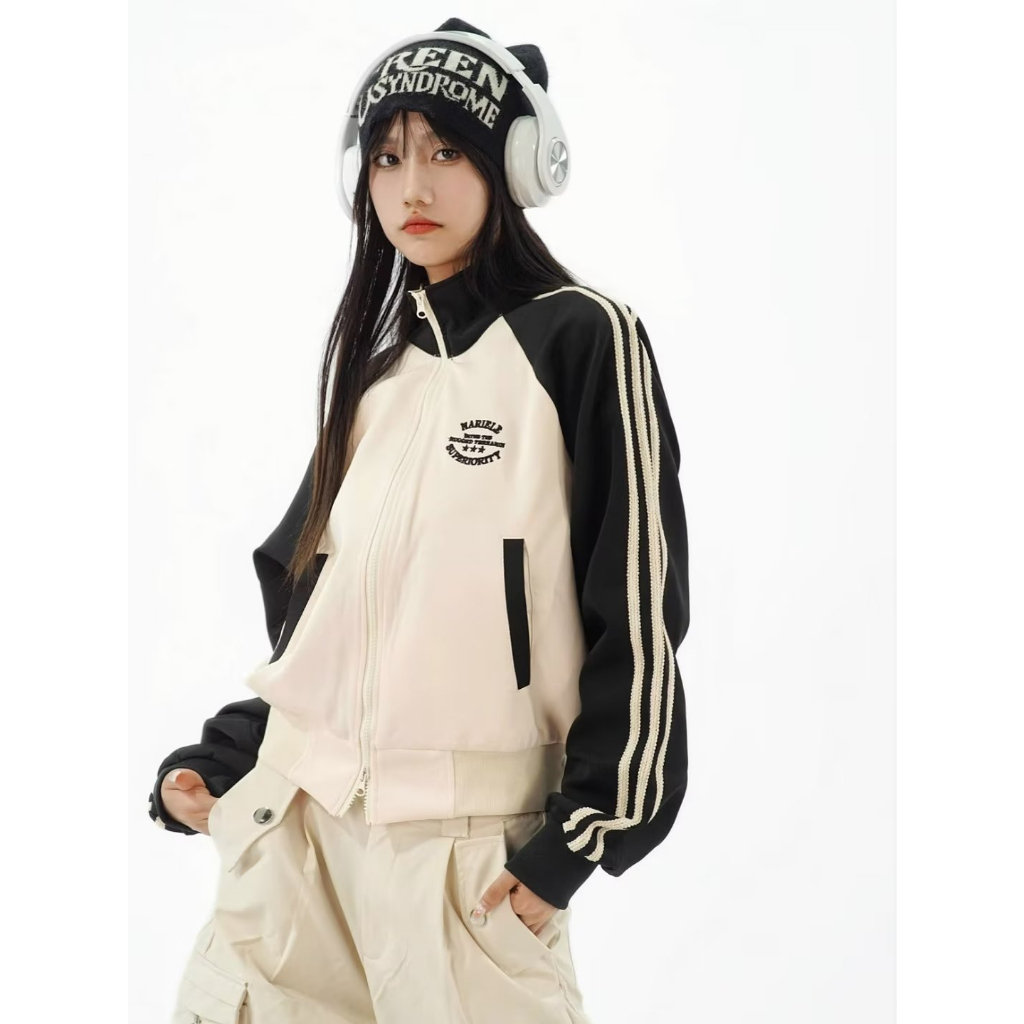 Áo khoác cặp nam nữ thời trang dài tay thoải mái phong cách vintage phong cách giản dị người đàn ông hai màu nối đơn giản bóng chày jacket áo khoác tay dài dáng rộng