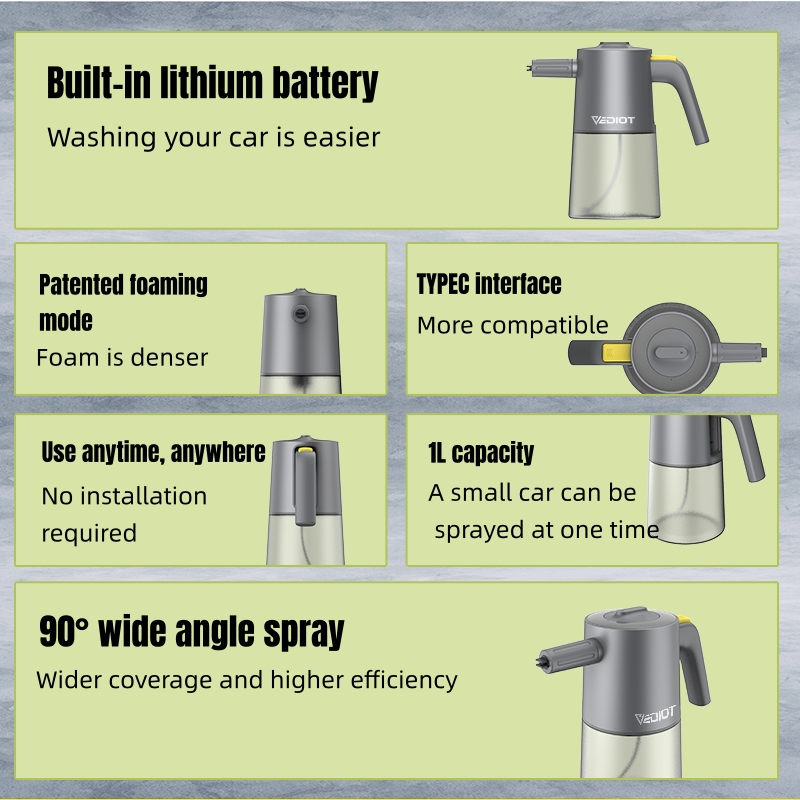 Vediot Bình Xịt Bọt Xà Phòng Rửa Xe Hơi Chạy Pin lithium Không Dây