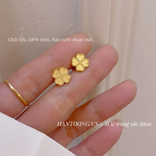  Bông tai titan cao cấp không gỉ mạ vàng 24k thiết kế hình trái tim ghép thành cỏ 4 lá xinh xắn thời trang dành cho nữ 