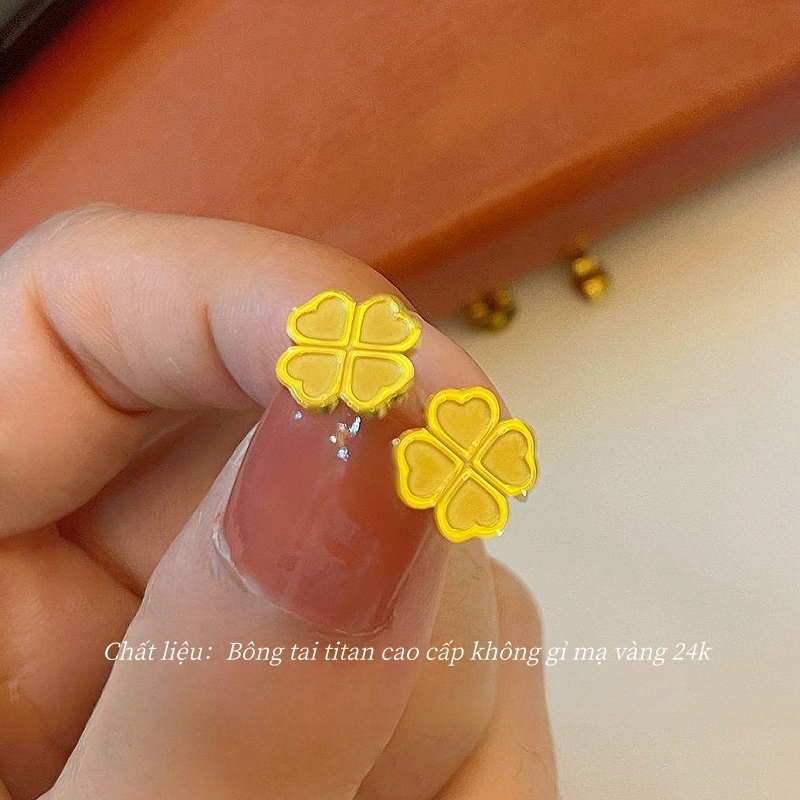 Bông tai titan cao cấp không gỉ mạ vàng 24k thiết kế hình trái tim ghép thành cỏ 4 lá xinh xắn thời trang dành cho nữ