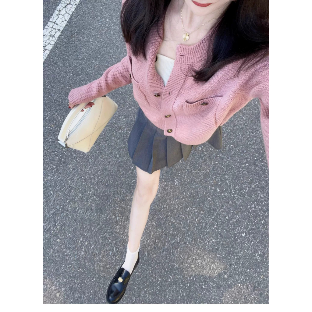 Xiaozhainv Set Áo Khoác cardigan Dài Tay + Chân Váy Xếp Ly Lưng Cao Thời Trang Hàn Cho Nữ