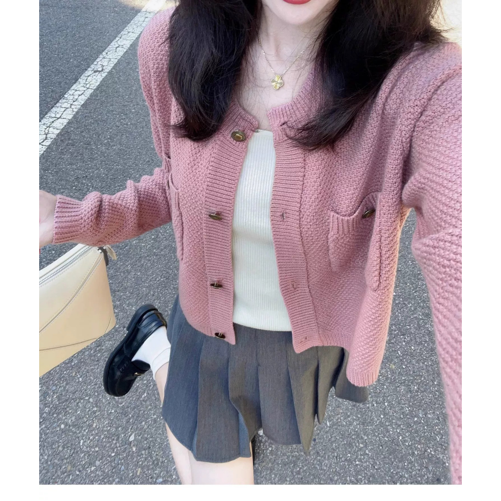 Xiaozhainv Set Áo Khoác cardigan Dài Tay + Chân Váy Xếp Ly Lưng Cao Thời Trang Hàn Cho Nữ