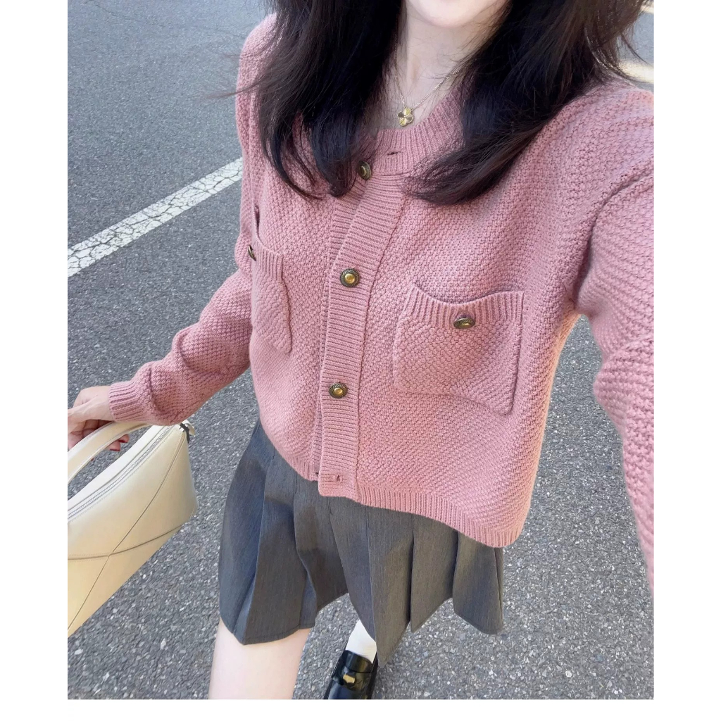 Xiaozhainv Set Áo Khoác cardigan Dài Tay + Chân Váy Xếp Ly Lưng Cao Thời Trang Hàn Cho Nữ