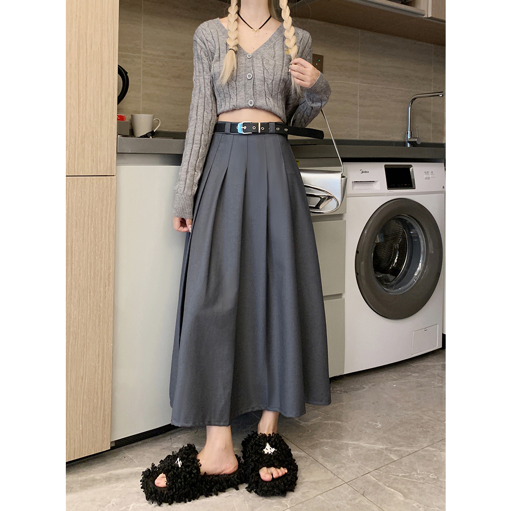 NUZIRO Chân Váy Dài Dáng Rộng Lưng Cao Xếp Ly Màu Xám Thời Trang Hàn Quốc Xinh Xắn Cho Nữ