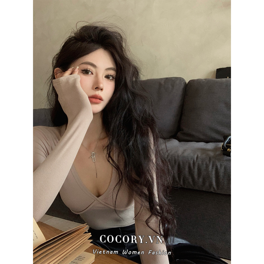 Cocory vn Áo Thun Dài Tay Cổ Chữ v Ôm Dáng Cơ Bản Thời Trang Quyến Rũ Dành Cho Nữ