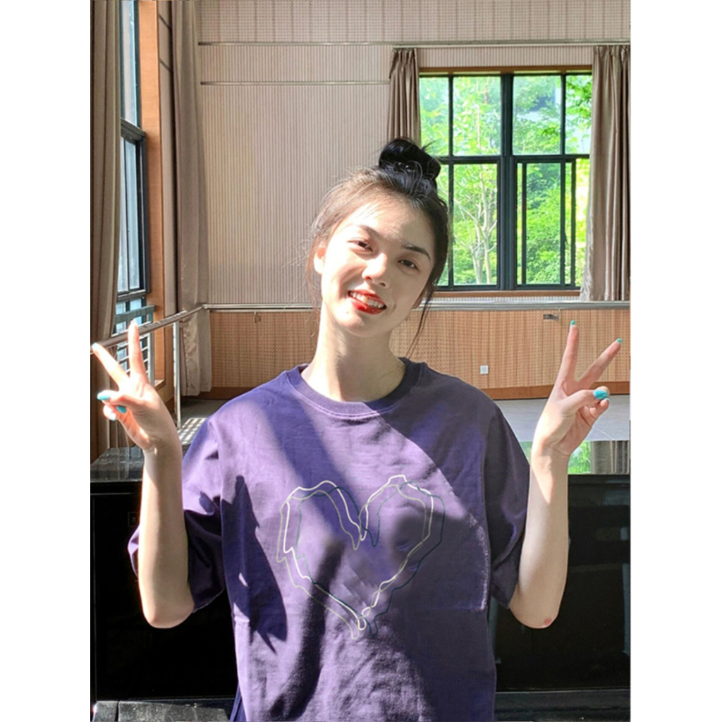 Áo Thun Oversize Tay Ngắn Cổ Tròn In Chữ love Màu Tím Phong Cách retro Mỹ Thời Trang Mùa Hè Cho Nữ