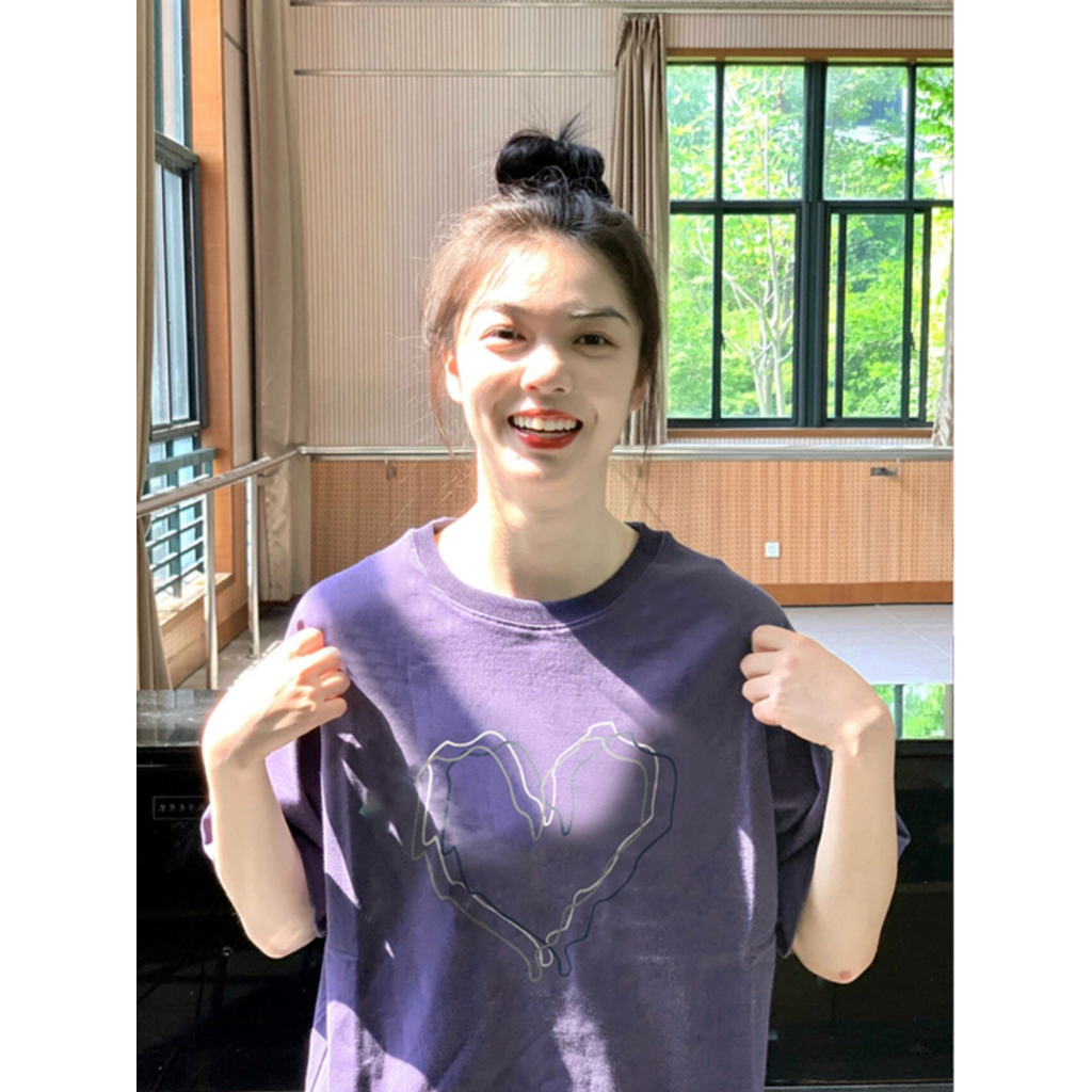 Áo Thun Oversize Tay Ngắn Cổ Tròn In Chữ love Màu Tím Phong Cách retro Mỹ Thời Trang Mùa Hè Cho Nữ