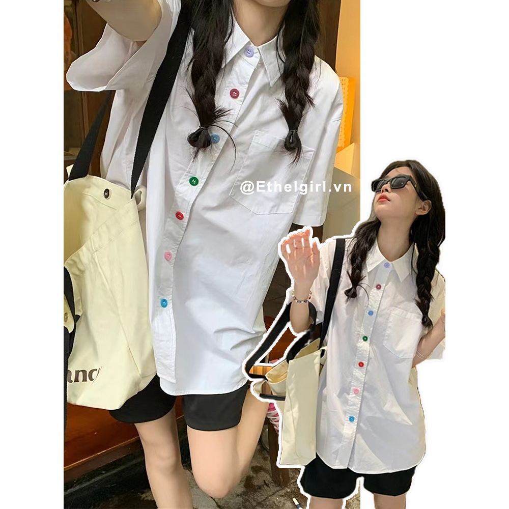Ethelgirl Áo Sơ Mi Tay Ngắn Màu Trắng Dáng Rộng Thời Trang Mùa Hè Phong Cách Hàn Quốc Cho Nữ