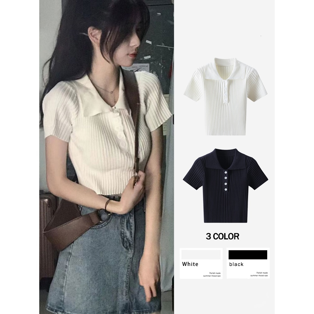 Áo croptop dệt kim tay ngắn cổ polo thời trang Hàn Quốc thanh lịch