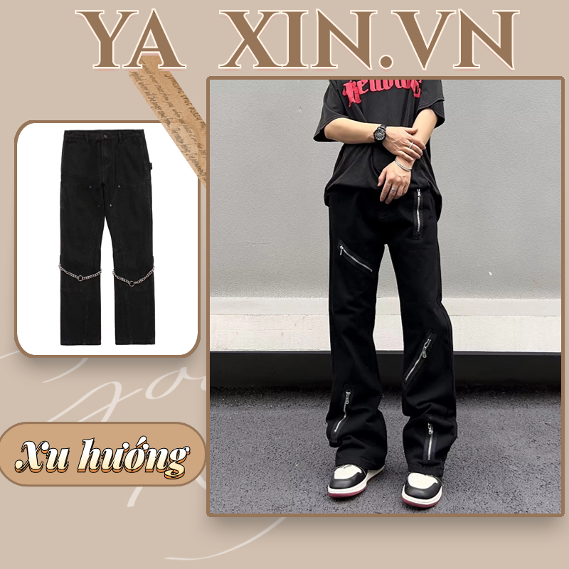 Quần Jean Dài Dáng Rộng Phối Dây Xích Phong Cách Hàn Quốc Thời Trang Dành Cho Nam Và Nữ Jean Nam Trơn Quần Baggy Nam Đen Nam ỐNg ĐứNg Slimfit