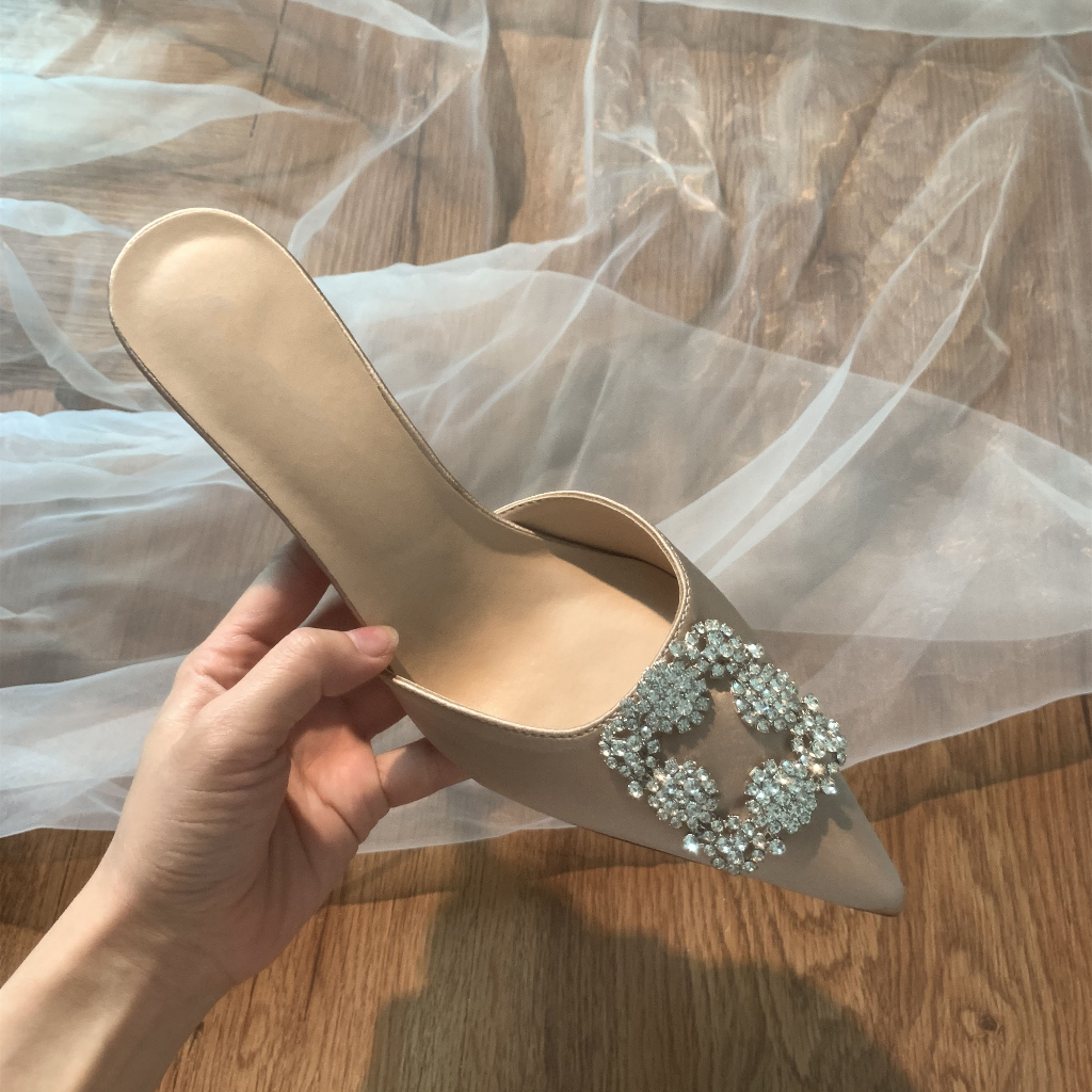 Dép Cao Gót 6cm Mũi Nhọn Đính Đá Trang Trí Lấp Lánh Quyến Rũ Thời Trang Cho Nữ