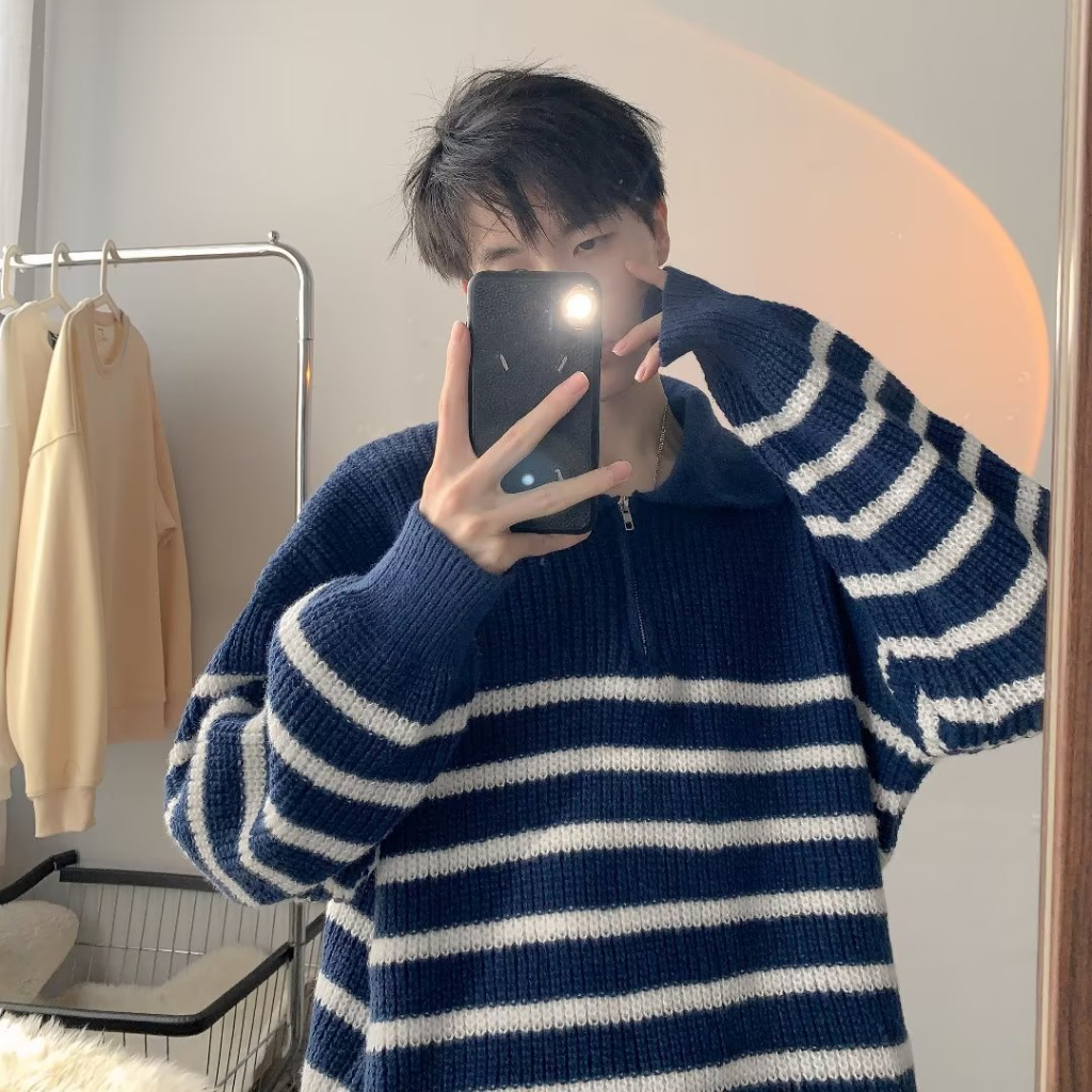 Áo sweater Tay Dài Dáng Rộng Họa Tiết Kẻ Sọc Phong Cách Hàn Quốc Thời Trang Cho Nam