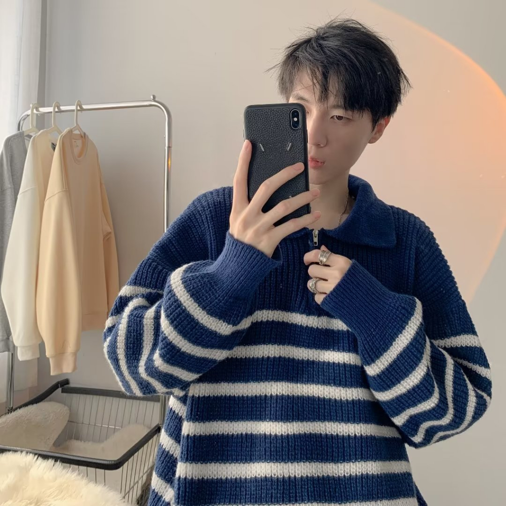 Áo sweater Tay Dài Dáng Rộng Họa Tiết Kẻ Sọc Phong Cách Hàn Quốc Thời Trang Cho Nam