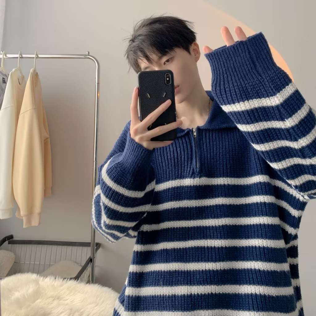 Áo sweater Tay Dài Dáng Rộng Họa Tiết Kẻ Sọc Phong Cách Hàn Quốc Thời Trang Cho Nam